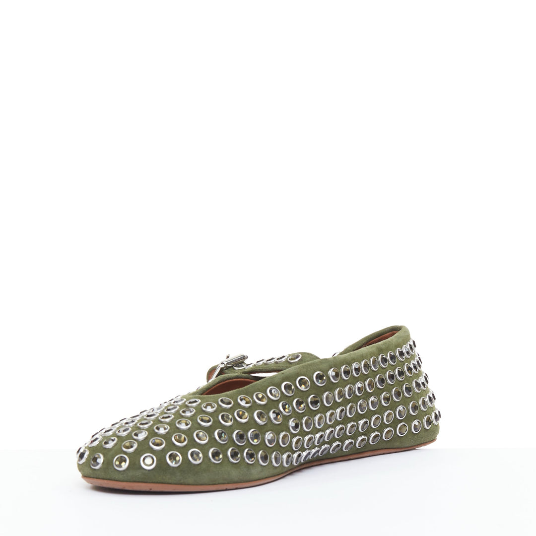 ALAIA 2023 La Ballerine Vert Foret green suede crystal buckle maryjane EU37.5