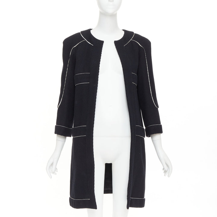CHANEL 2015 Runway black cotton diagonal corded contrast satin piped coat FR36 S