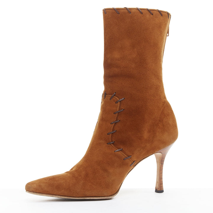 MANOLO BLAHNIK Vintage brown suede overstitch detail heeled ankle boots EU39.5