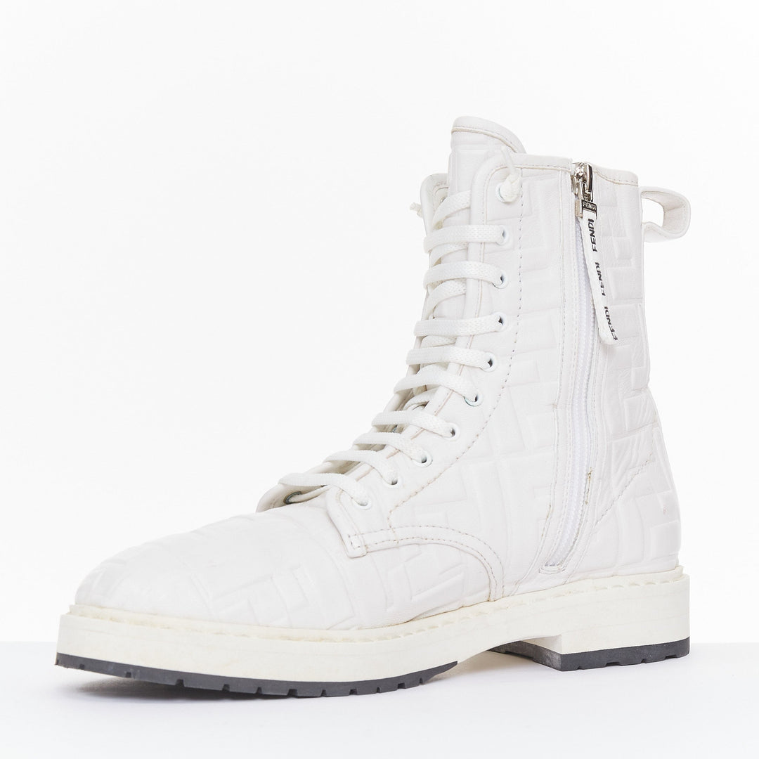 FENDI 2019 Nappa FF Embossed Karligraphy white leather lace combat boots EU38.5