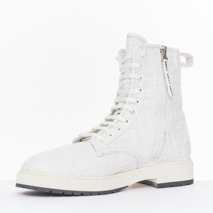 FENDI 2019 Nappa FF Embossed Karligraphy white leather lace combat boots EU38.5
