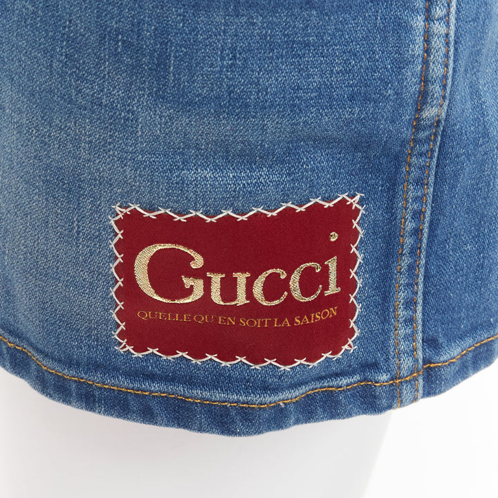GUCCI blue cotton blend red GG logo patch wide leg mid rise shorts 24"