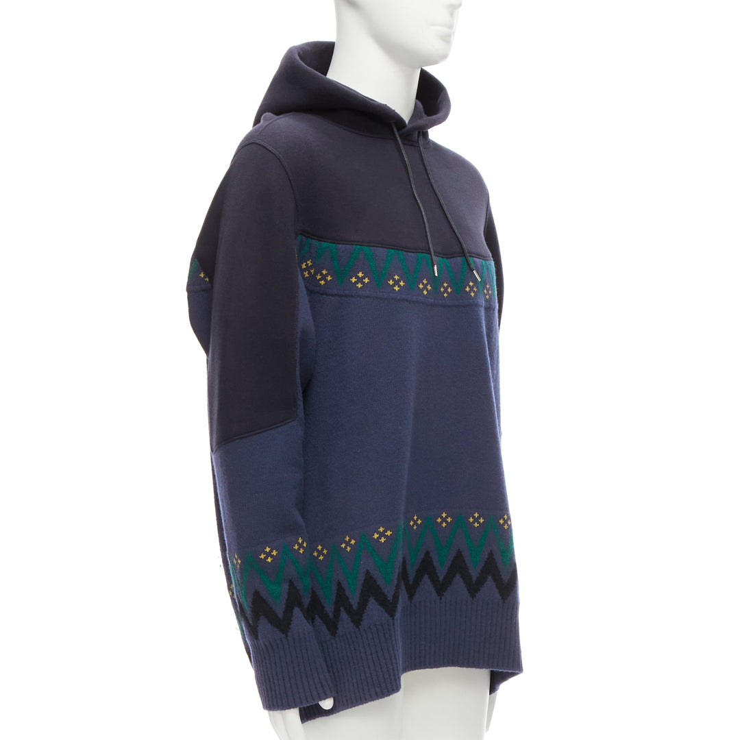 SACAI 2018 navy cotton blend fairisle knit sweater hyrid hoodie JP3 L
