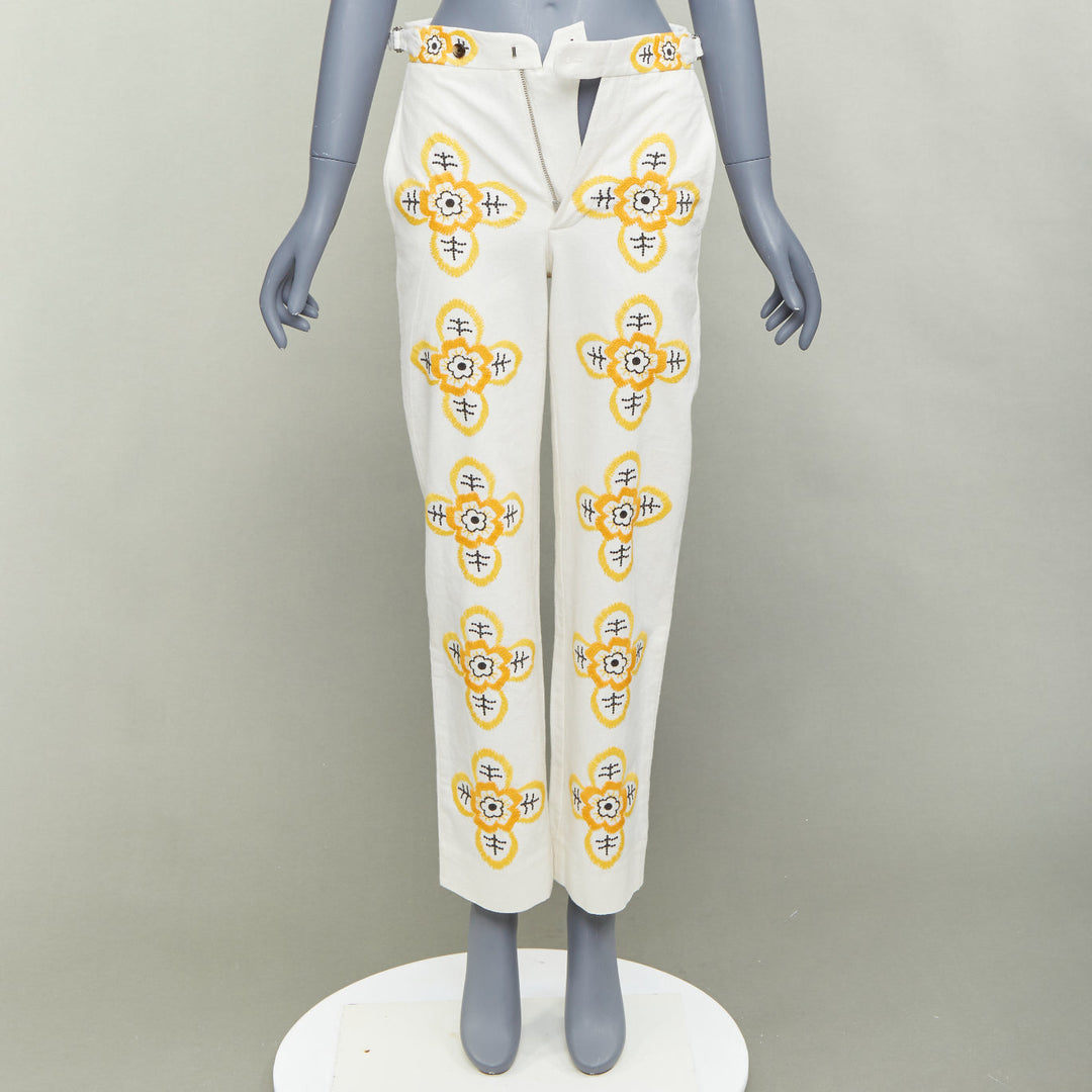 BODE Buttercup ecru yellow embroidery floral straight leg pants 25"