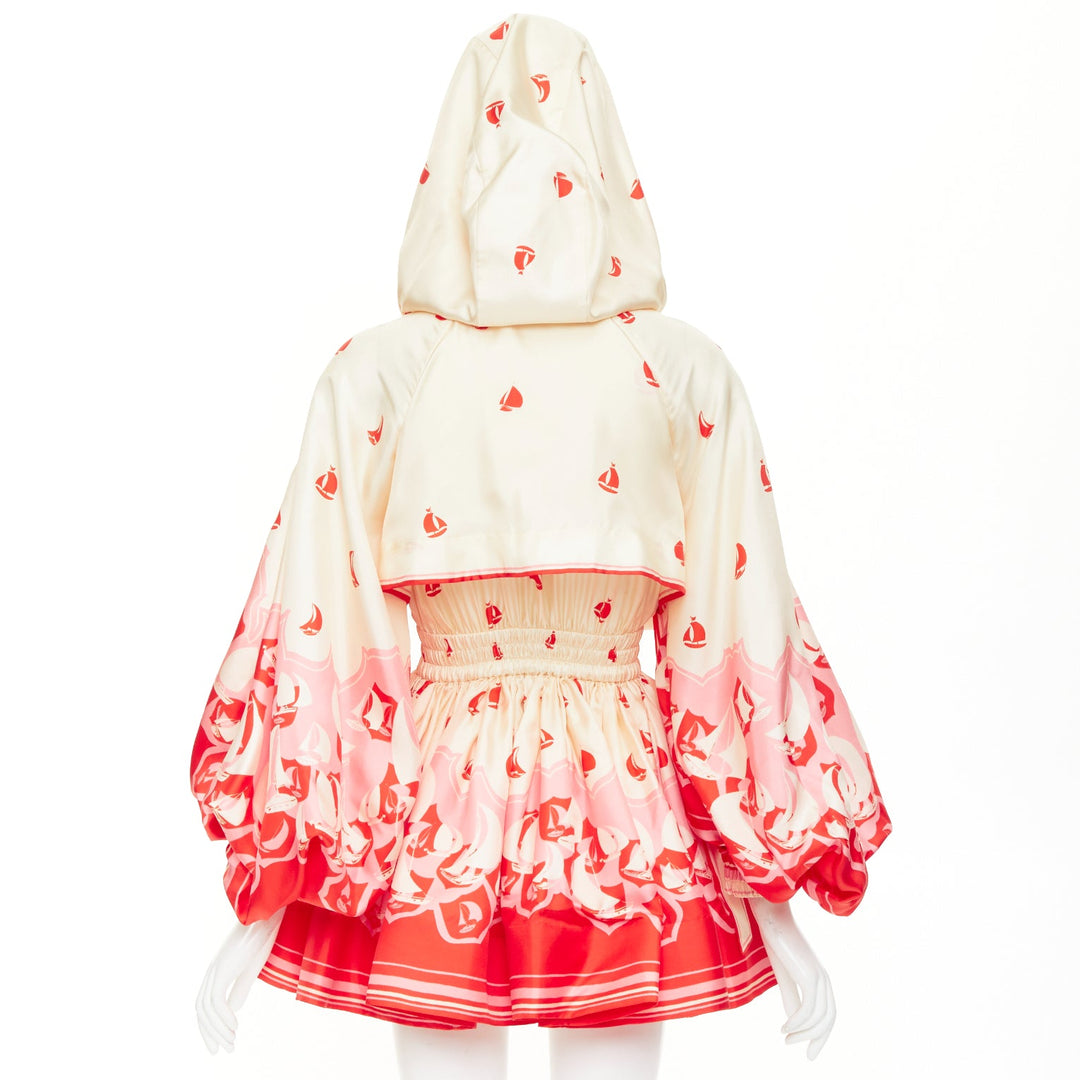 ZIMMERMANN 2023 High Tide printed silk twill cape hooded mini dress Sz.0 XS