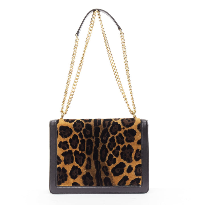 DOLCE GABBANA brown leopard print velvet black leather flap chain bag