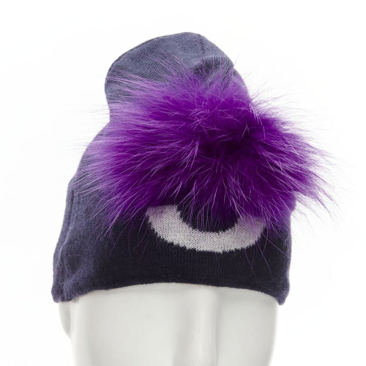 FENDI Monster Bug Eye  100% wool arctic fox fur trim navy purple beanie hat