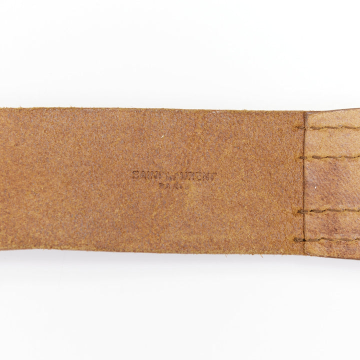 SAINT LAURENT  2015 brown leather chrome metal YSL stud wide military belt 75cm