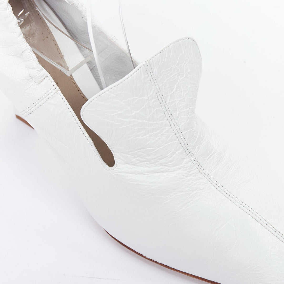 BOTTEGA VENETA white crinkled leather elastic square toe spool pumps EU38.5