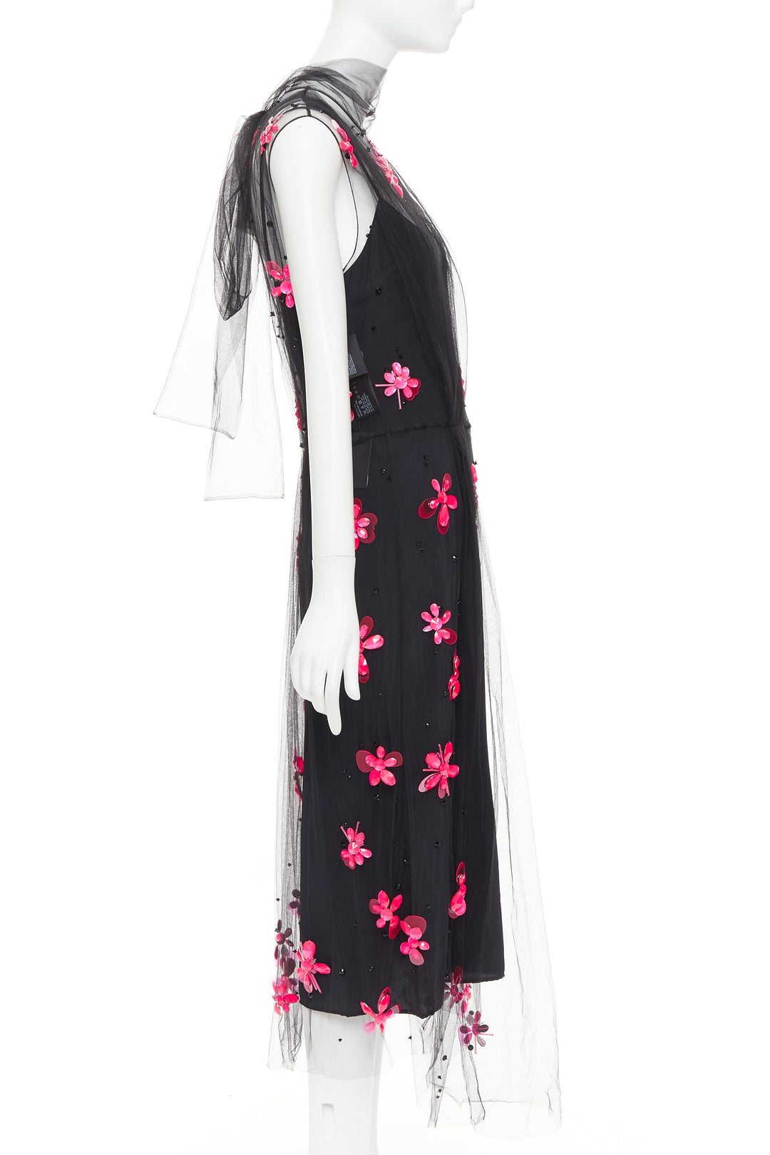 PRADA 2018 Runway neon pink floral bead black tulle sheer midi dress IT40 S