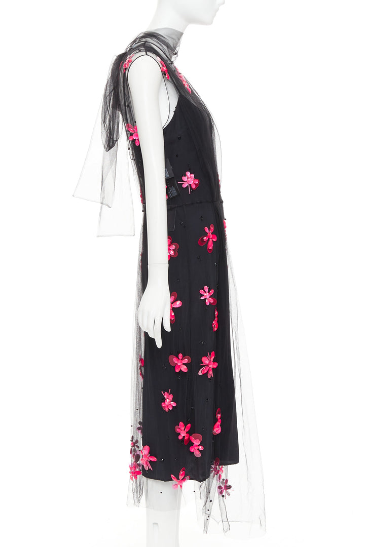 PRADA 2018 Runway neon pink floral bead black tulle sheer midi dress IT40 S
