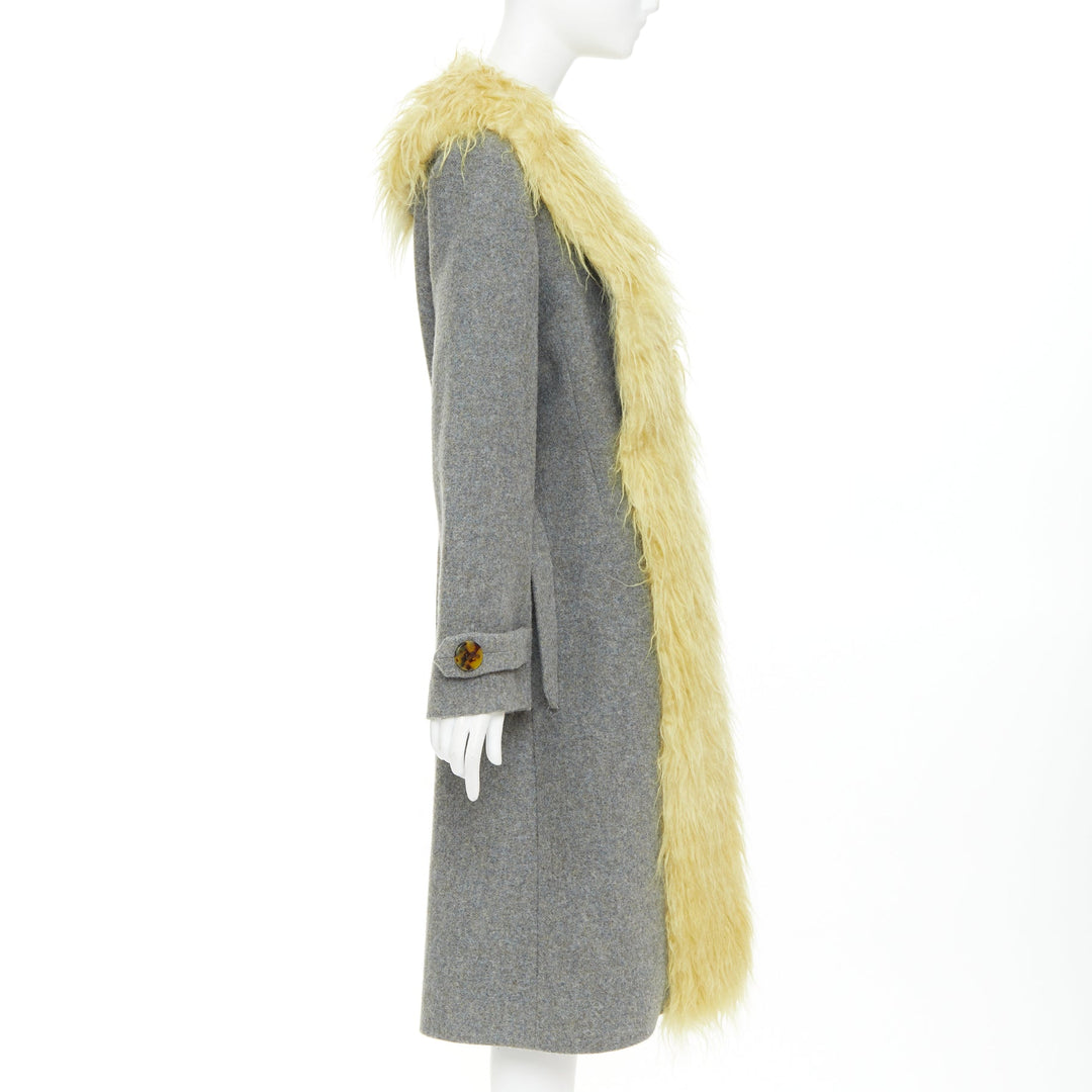 MIU MIU 2017 yellow faux shaggy fur grey wool XL buttons coat IT38 XS