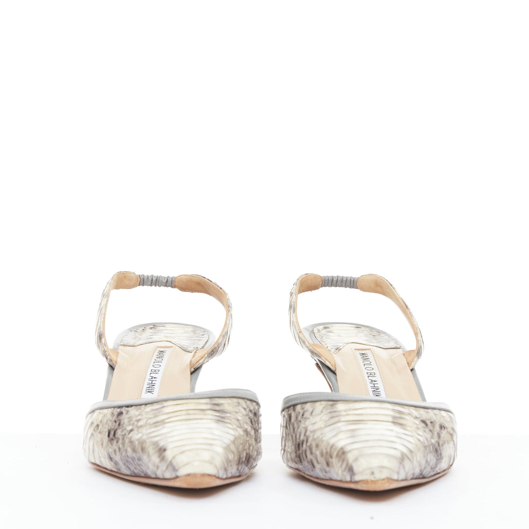 MANOLO BLAHNIK Carolyne beige snake leather slingback kitten dorsay heels EU39
