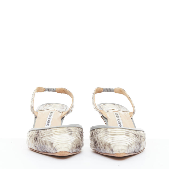 MANOLO BLAHNIK Carolyne beige snake leather slingback kitten dorsay heels EU39