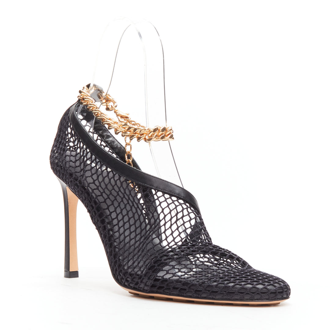 BOTTEGA VENETA gold ankle chain black mesh leather dorsay sandals EU39