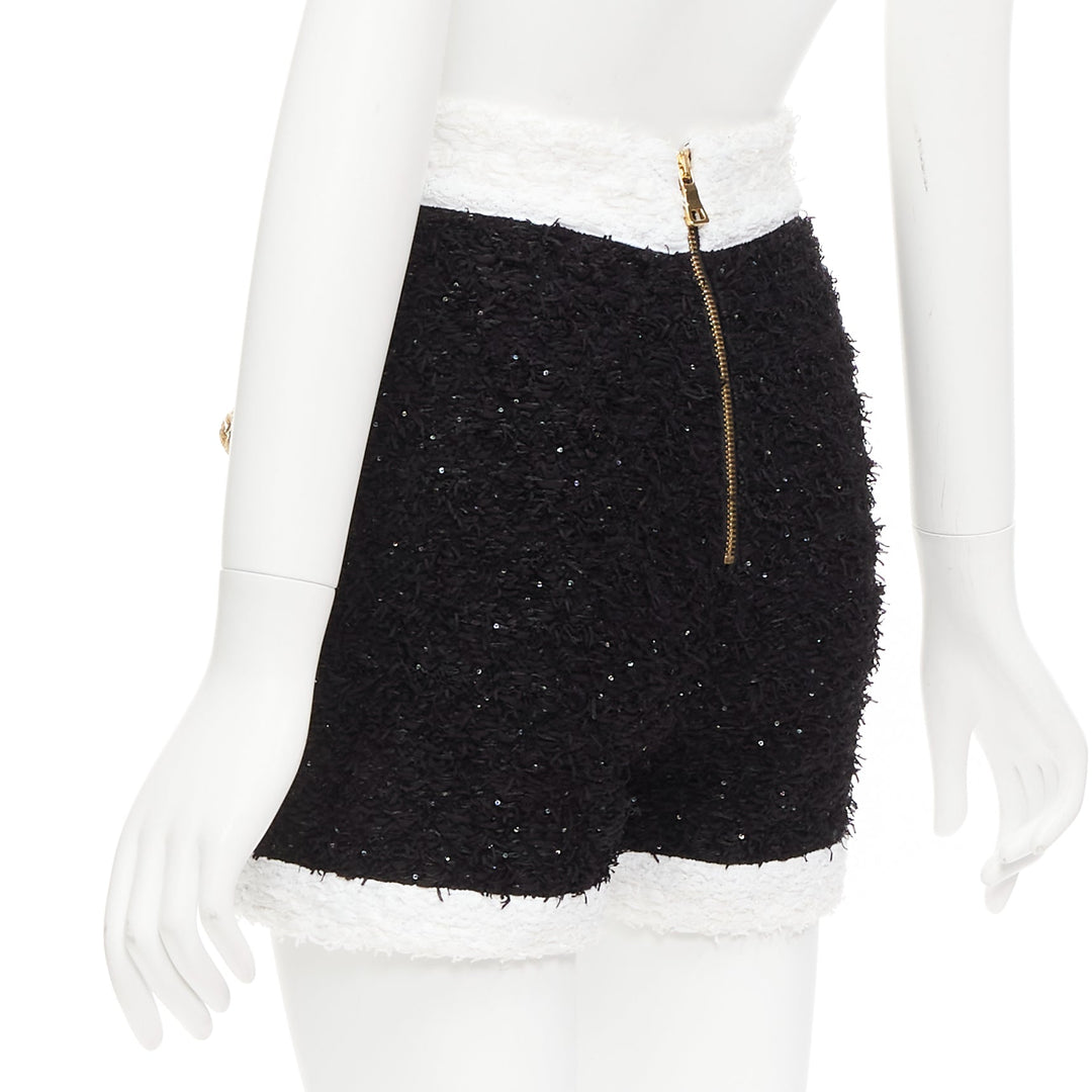 BALMAIN black white sequins tweed gold buttons zip high waisted shorts FR34 XS