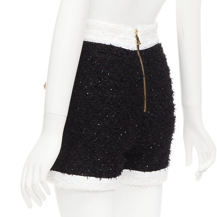 BALMAIN black white sequins tweed gold buttons zip high waisted shorts FR34 XS
