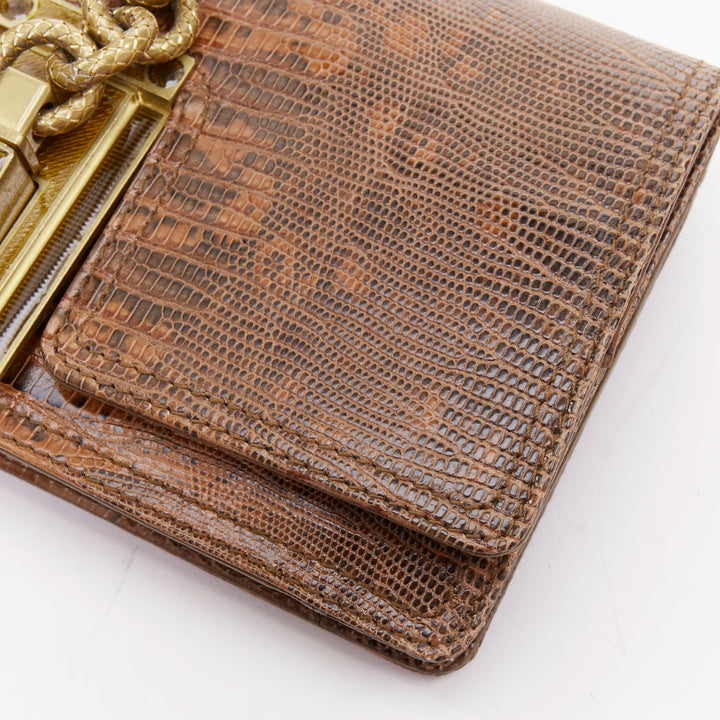 BOTTEGA VENETA brown lizard gold intrecciato resin chain evening clutch bag