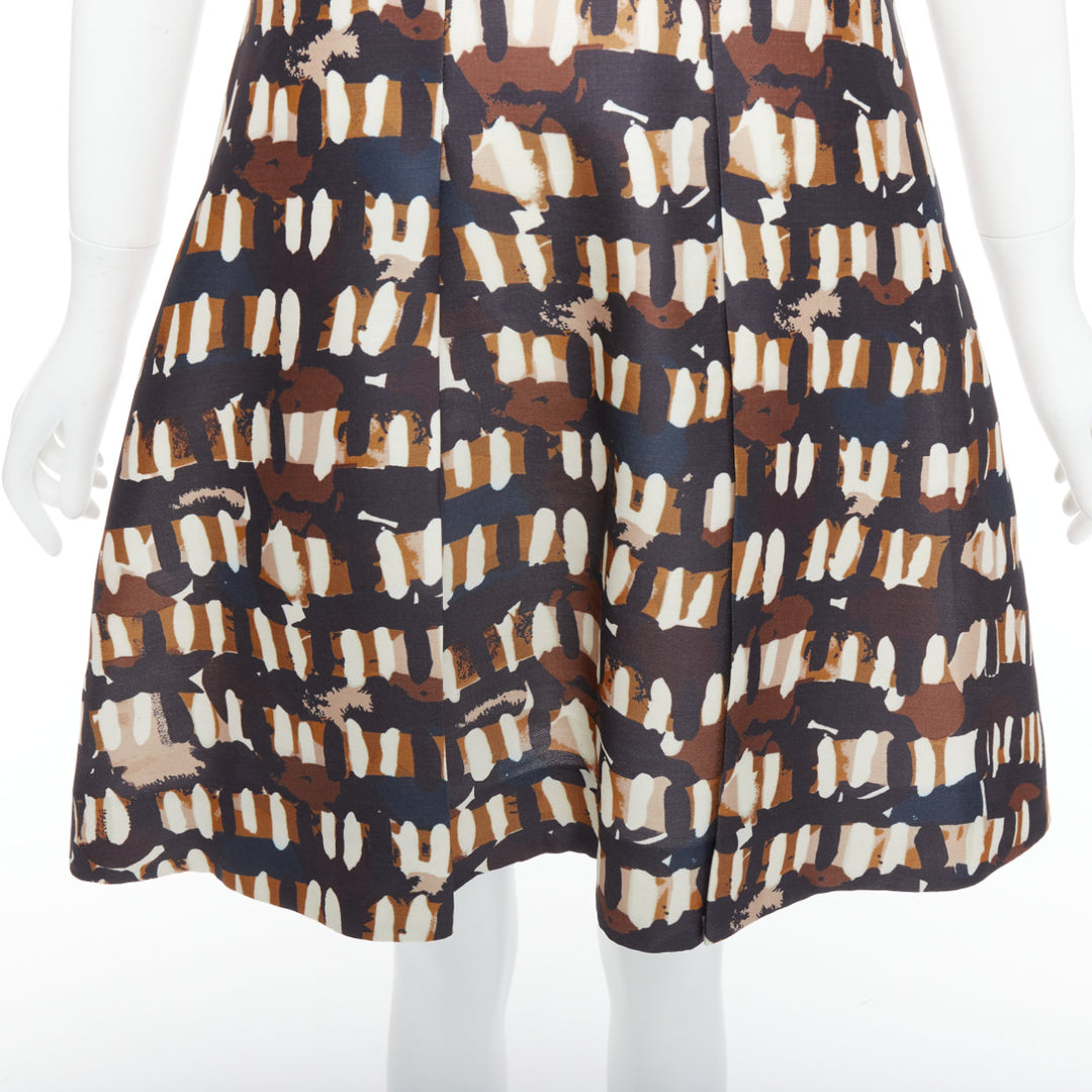 MARNI brown black wool silk abstract print fit flare dress IT38 XS