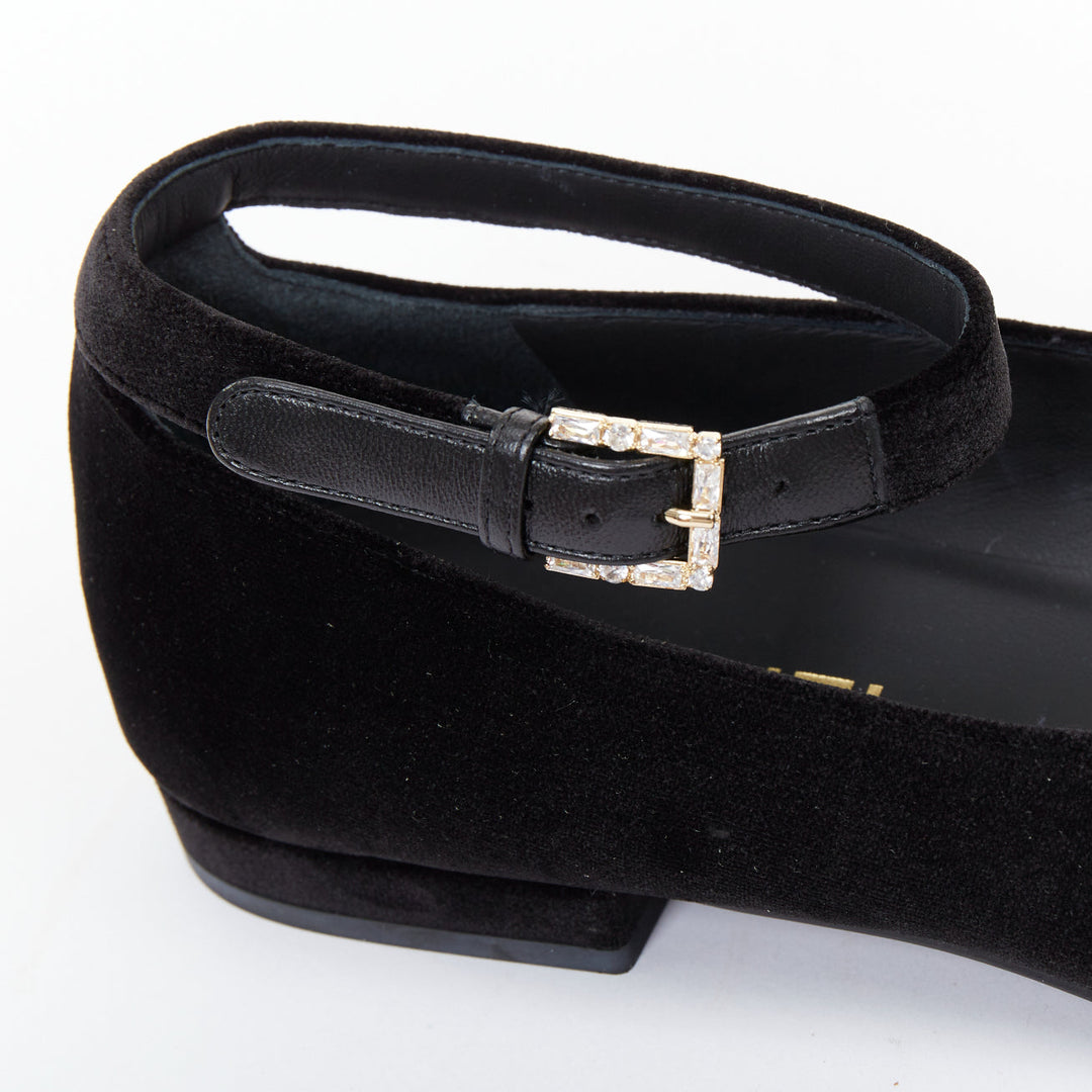 CHANEL 2020 black velvet crystal CC bow ankle strap mary jane ballet flats EU37C