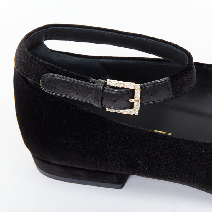 CHANEL 2020 black velvet crystal CC bow ankle strap mary jane ballet flats EU37C