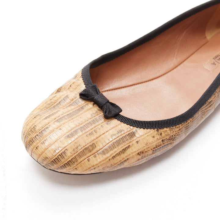 ALAIA brown scaled leather black bow trim ballerina flats shoes EU37