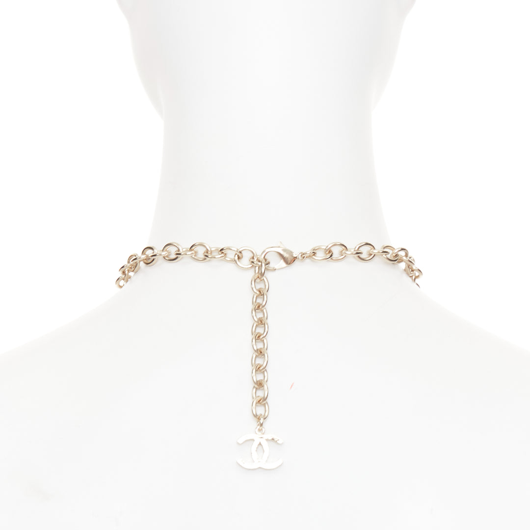CHANEL B18A black yellow blue glassbead gold hardware CC charm collar necklace