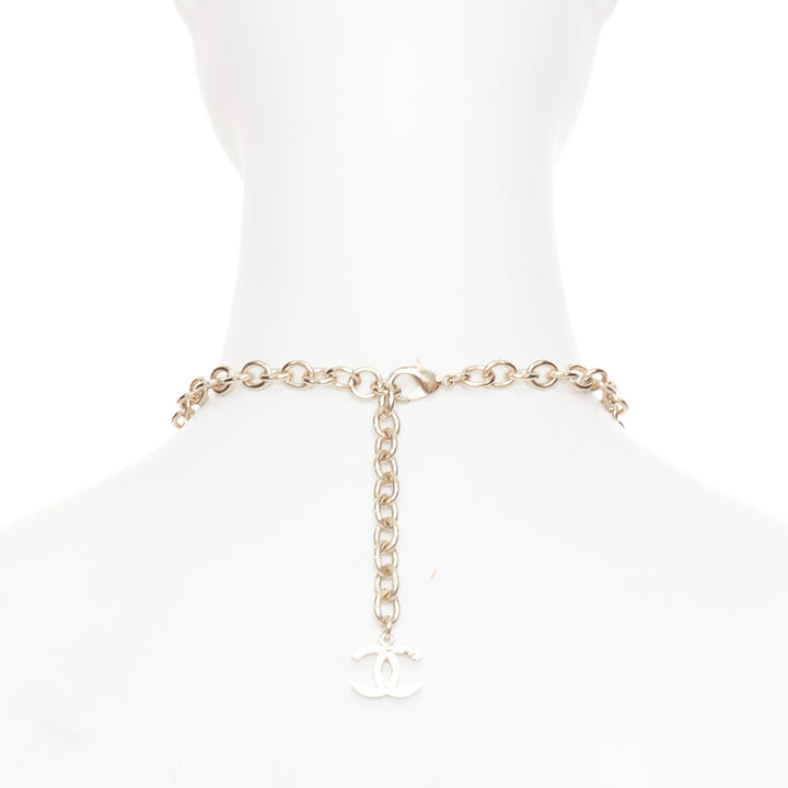 CHANEL B18A black yellow blue glassbead gold hardware CC charm collar necklace