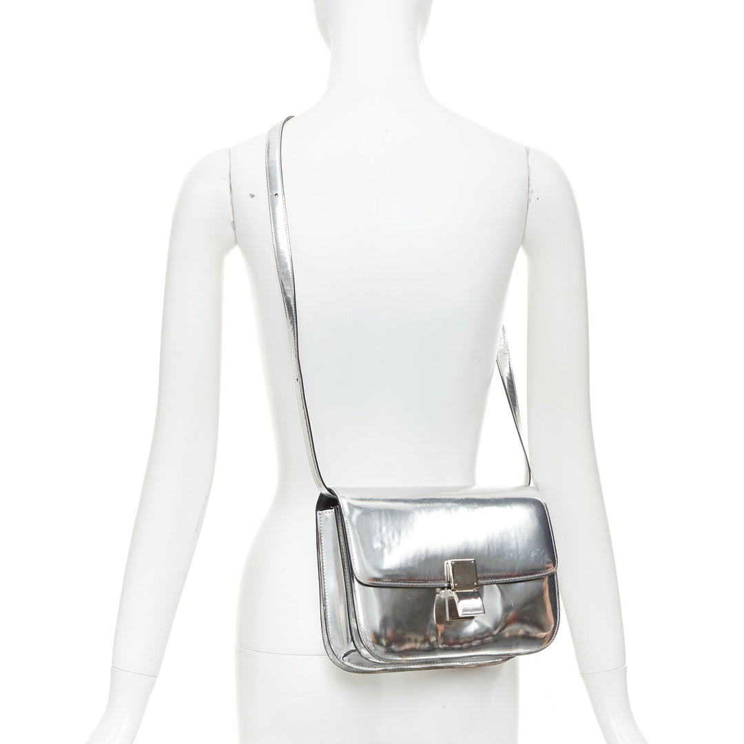 CELINE Classic Box silver mirrored leather push clasp crossbody messenger bag
