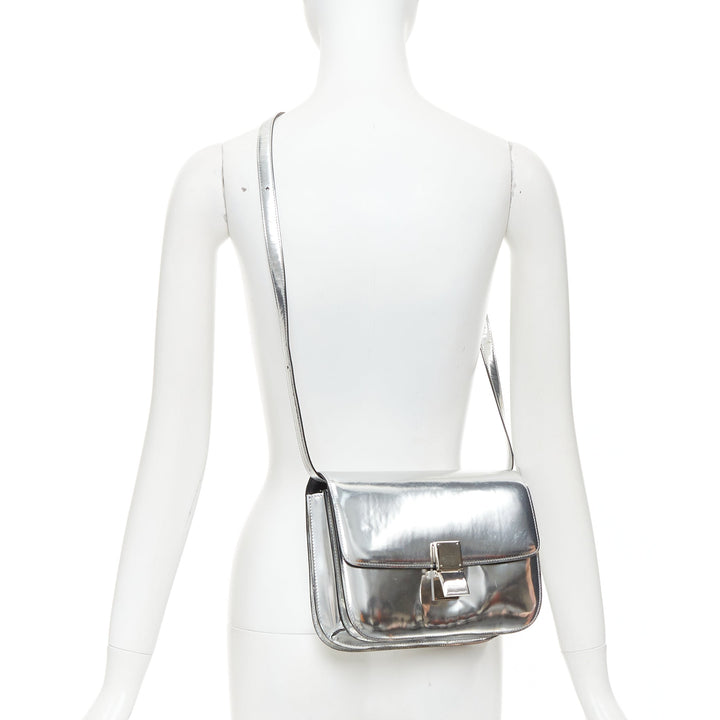 CELINE Classic Box silver mirrored leather push clasp crossbody messenger bag