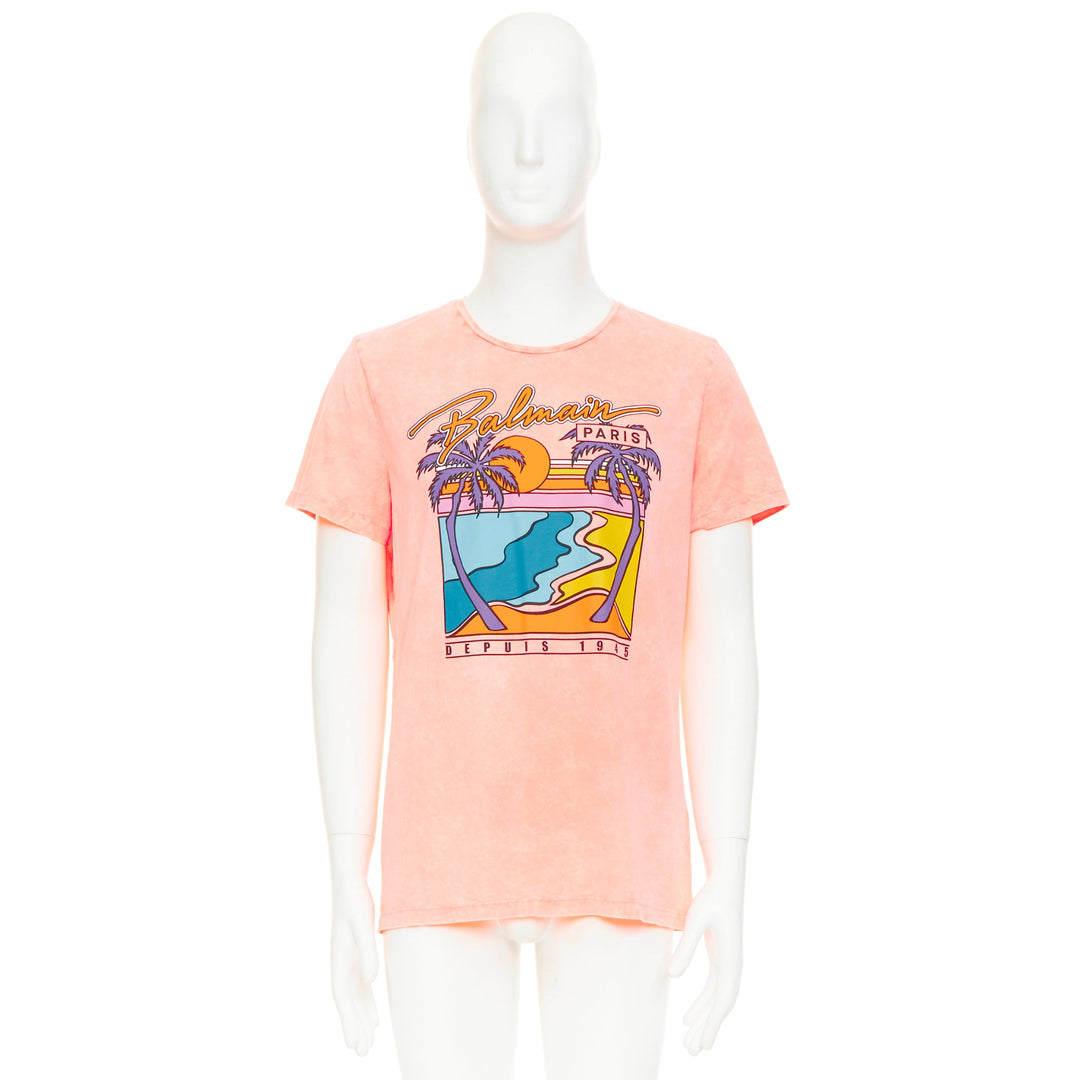 BALMAIN pink washed cotton jersey retro beach sunset graphic logo t-shirt L