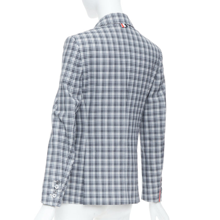 THOM BROWNE grey navy plaid wool multicolor silk lined tailoring blazer IT40 S