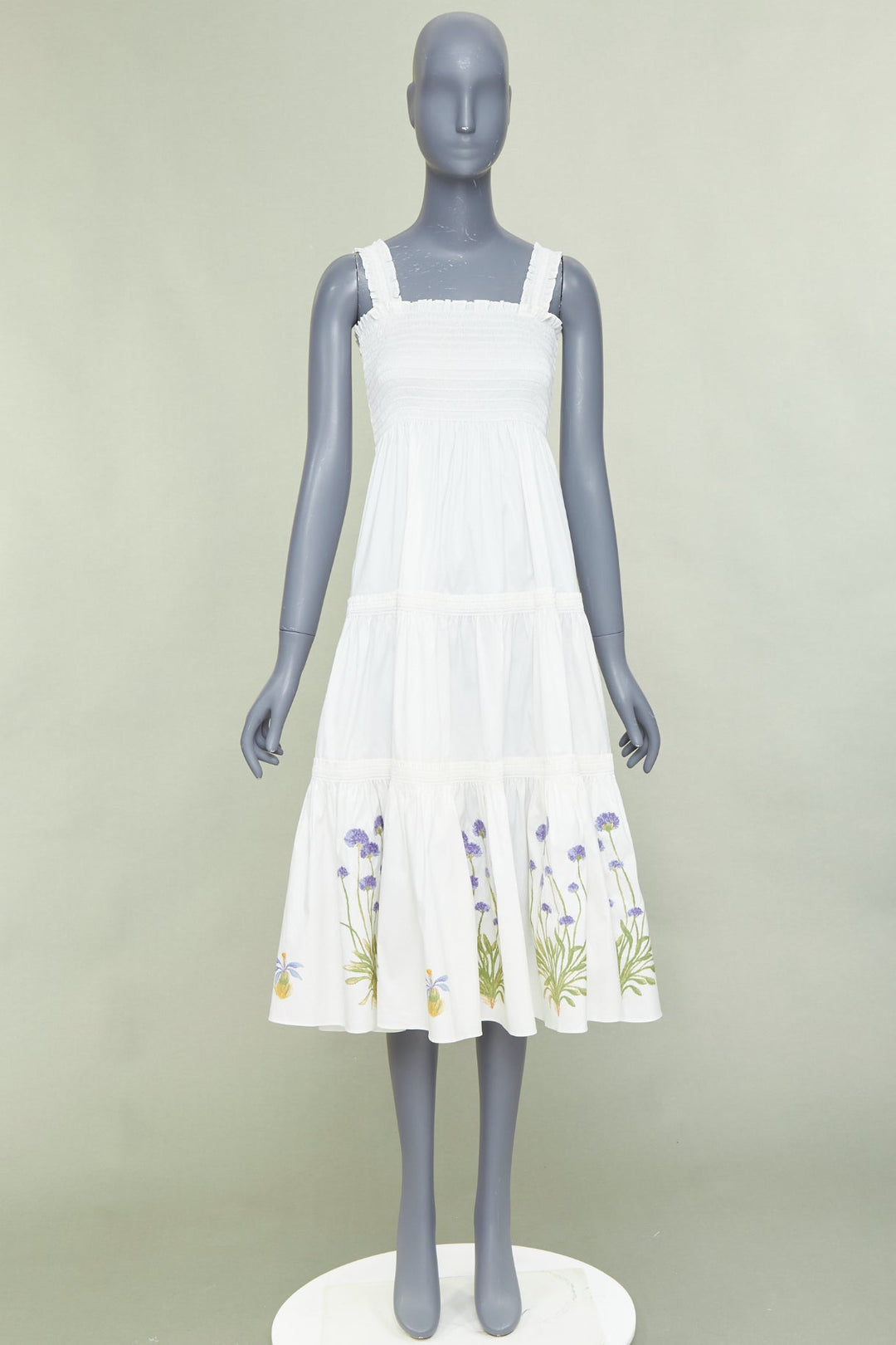 TORY BURCH Embroidered Smocked Midi ivory purple flower embroidery midi dress M