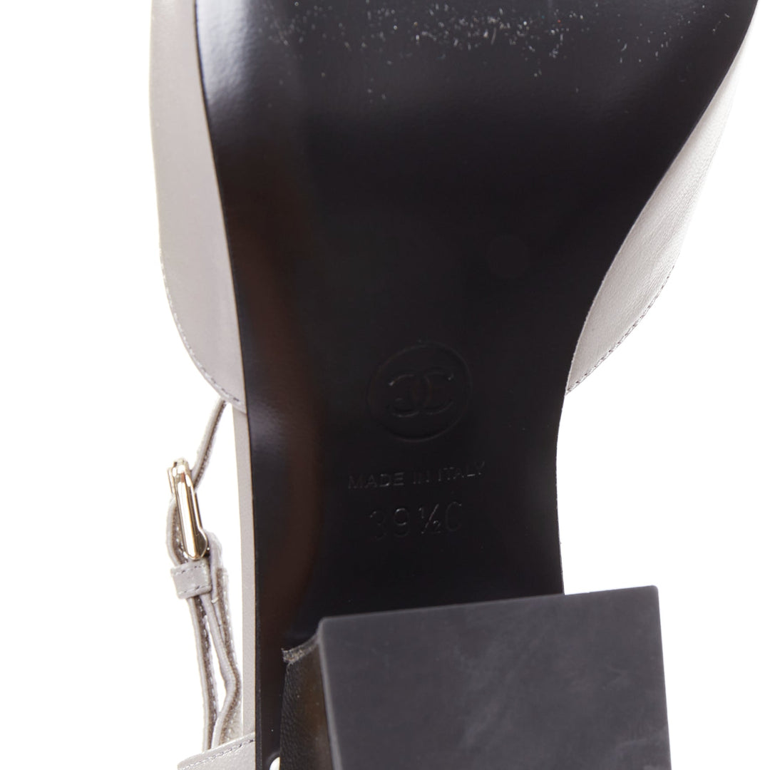 CHANEL 2022 grey leather pearl trimmed CC logo bicolor block heel pumps EU39.5
