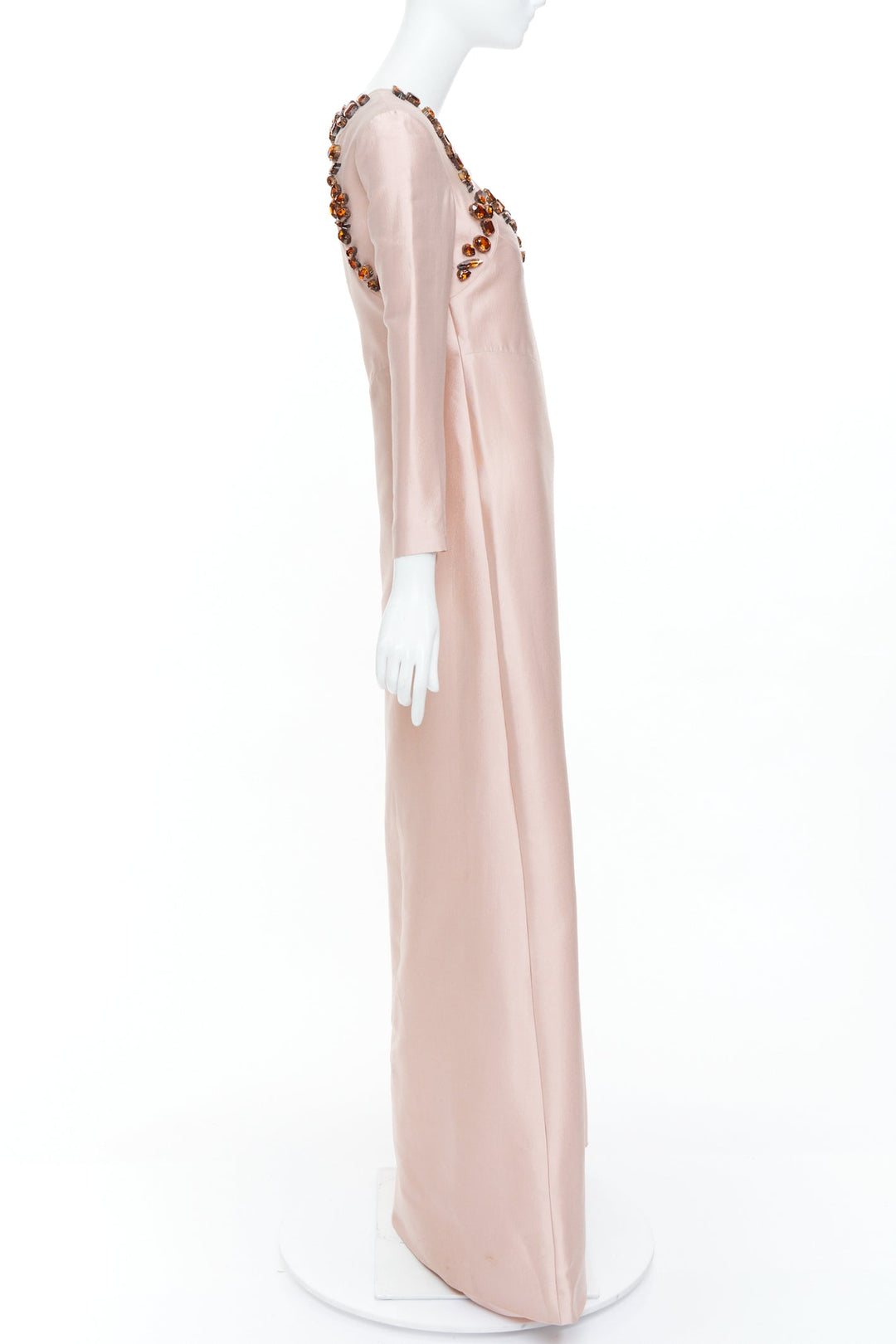 PRADA 2014 jewel embellished brown blush wool silk gown IT38 XS