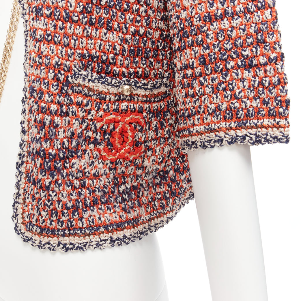 CHANEL 2011 red boule knit CC logo gold chain cropped jacket FR36 S