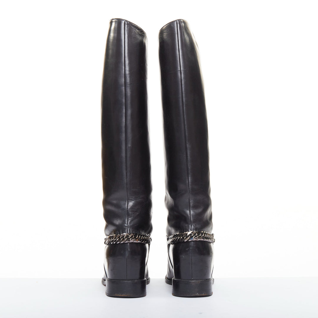 CHRISTIAN LOUBOUTIN Cate black leather silver chain wedge riding boots EU37.5