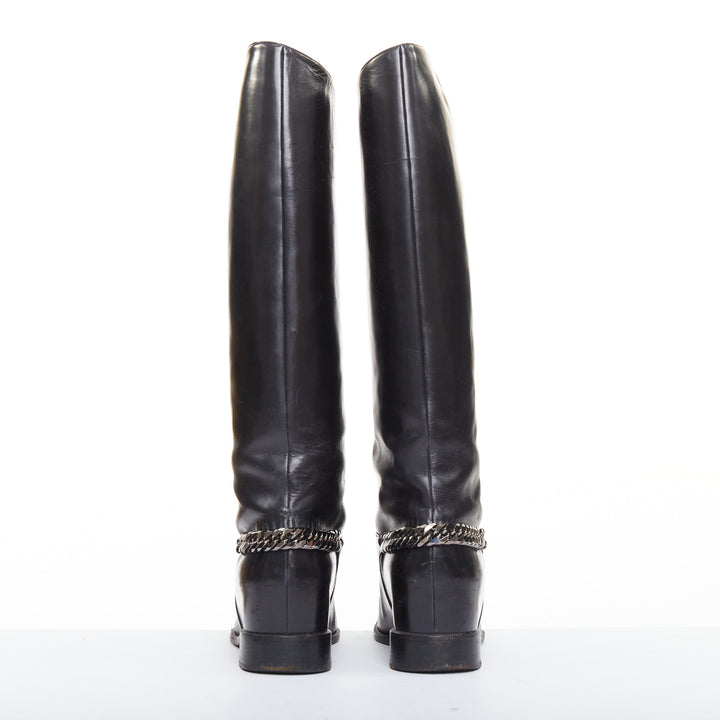 CHRISTIAN LOUBOUTIN Cate black leather silver chain wedge riding boots EU37.5