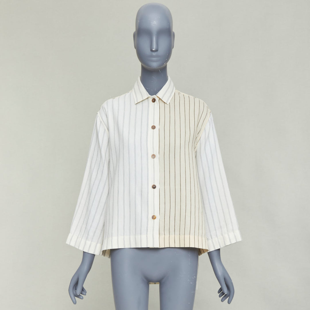 LOEWE JW ANDERSON cream cotton linen pinstripes boxy cropped shirt FR34 XS