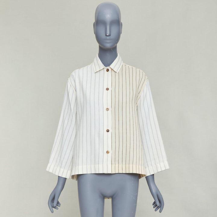 LOEWE JW ANDERSON cream cotton linen pinstripes boxy cropped shirt FR34 XS