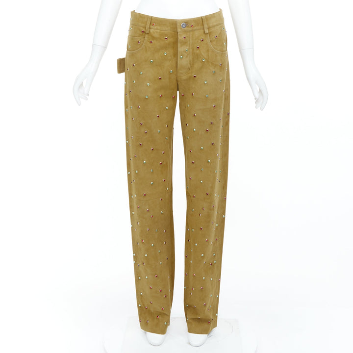 rare BOTTEGA VENETA 2021 Runway brown crystal embellished suede pants IT38 XS