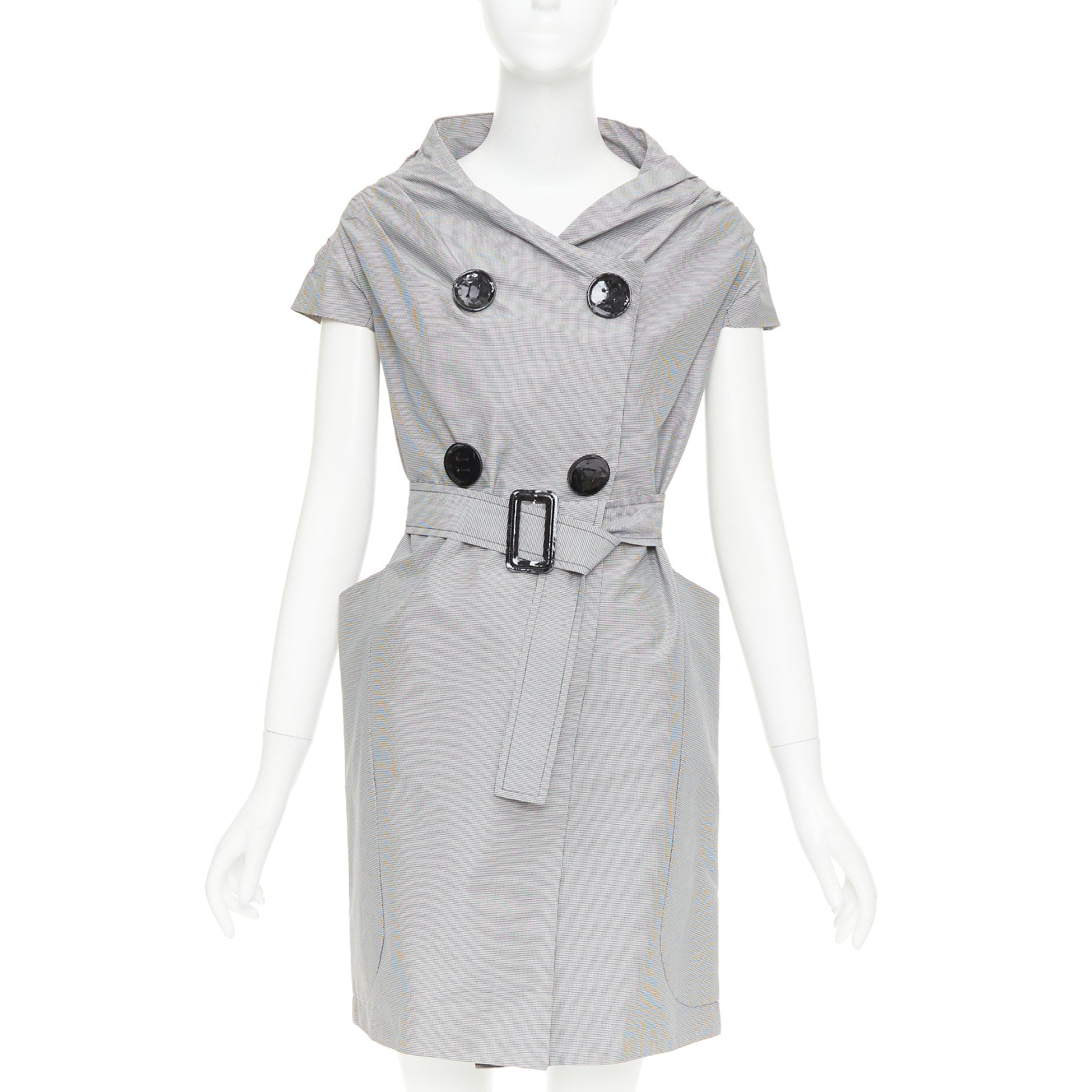 MAURIZIO PECORARO grey check cotton double breasted belted trench