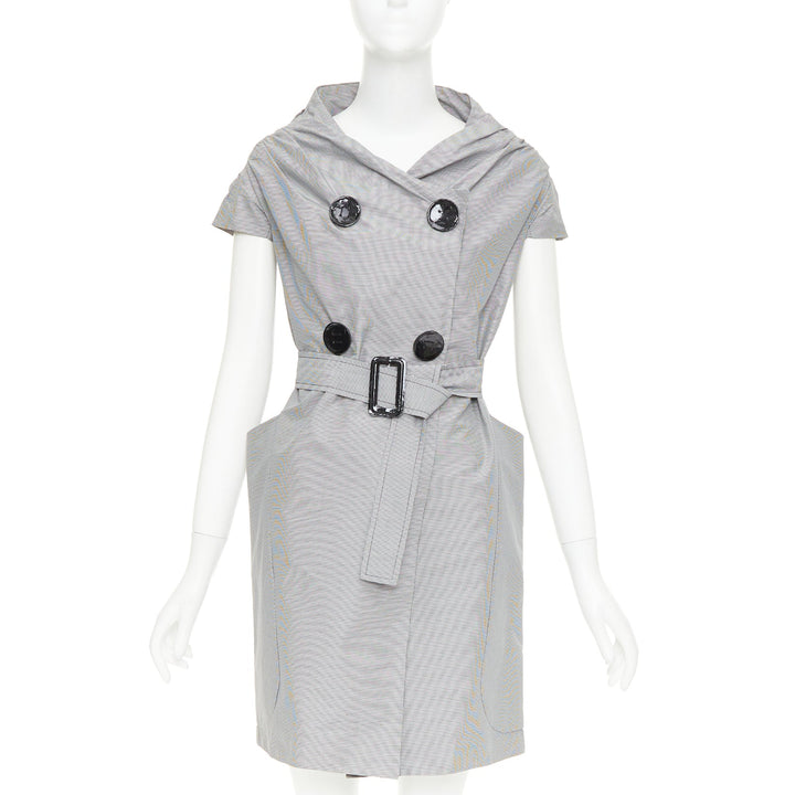 MAURIZIO PECORARO grey check cotton double breasted belted trench dress IT38 XS