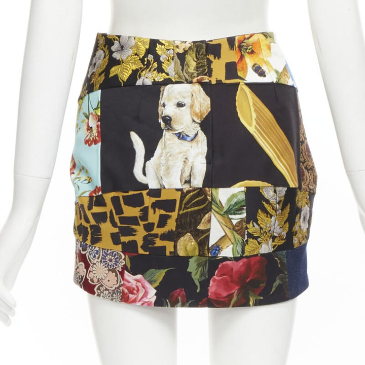 DOLCE GABBANA black colorful dog patchwork jewel embellished mini skirt IT36 XS