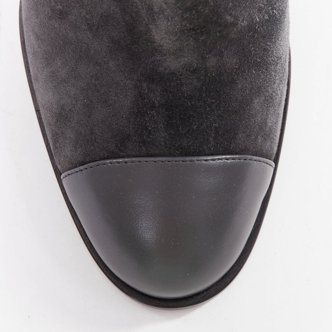 CHANEL 2023 grey suede diamond quilted CC logo block heel boots EU38.5