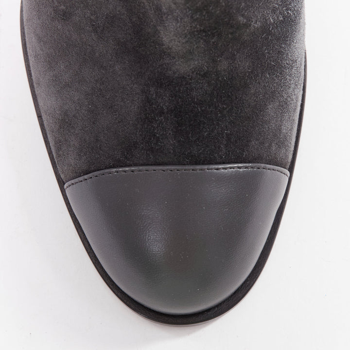 CHANEL 2023 grey suede diamond quilted CC logo block heel boots EU38.5