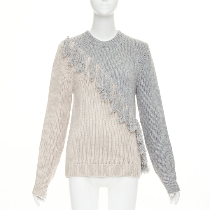 JW ANDERSON grey beige wool cashmere tassel trim asymmetric split  sweater XS