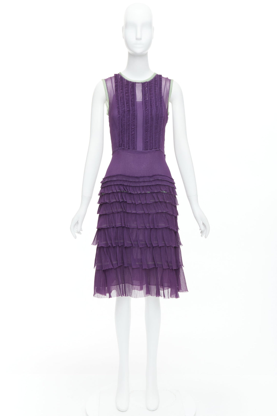 PRADA Vintage 100% silk purple green trim pleated tiered dress IT38 XS