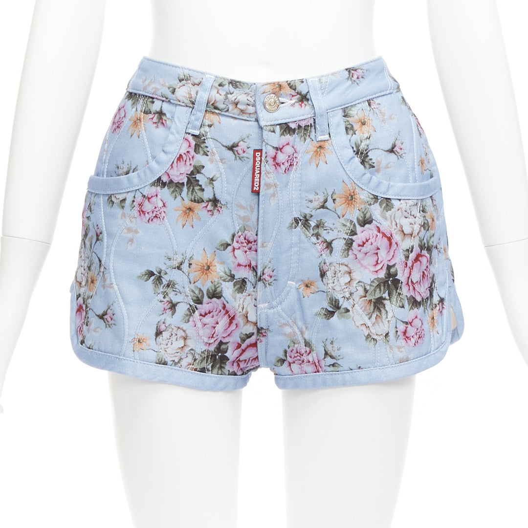 DSQUARED2 blue vintage floral quilted cotton high waisted bloomer shorts IT36 S