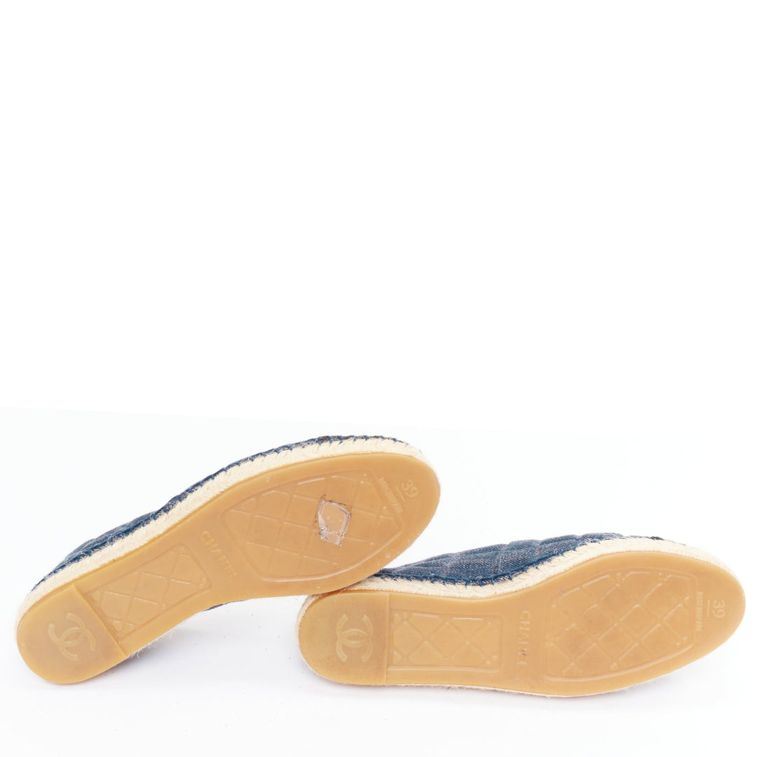 CHANEL 2016 blue embossed denim animal pattern quilted CC espadrilles shoes EU39